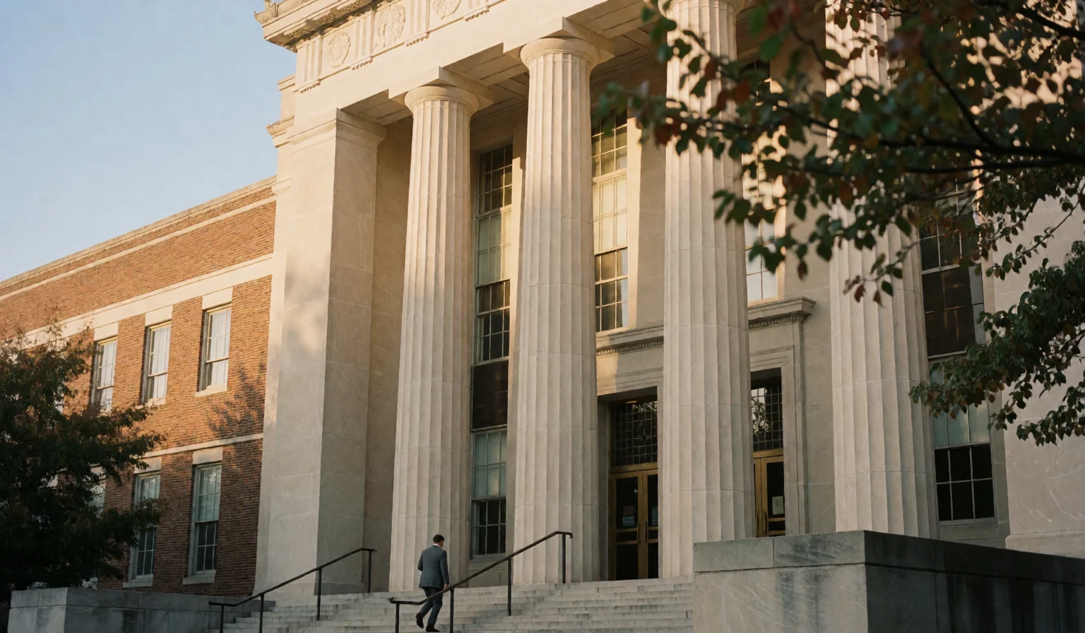 Federal courthouse columns at golden hour with a figure walking up the entrance steps