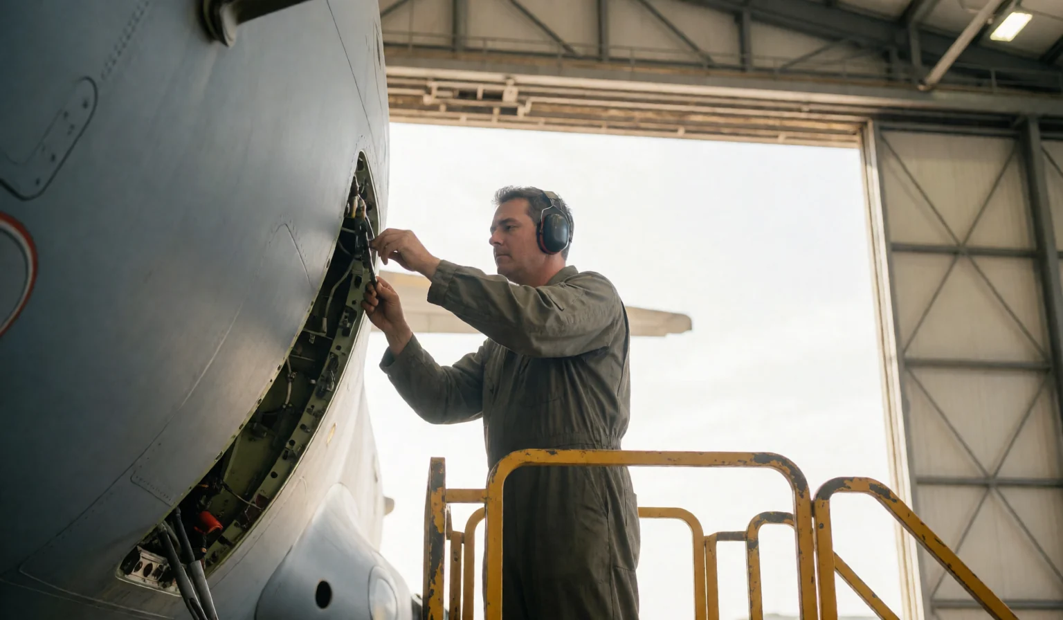 Civilian aircraft maintenance technician working on an access panel from a maintenance stand