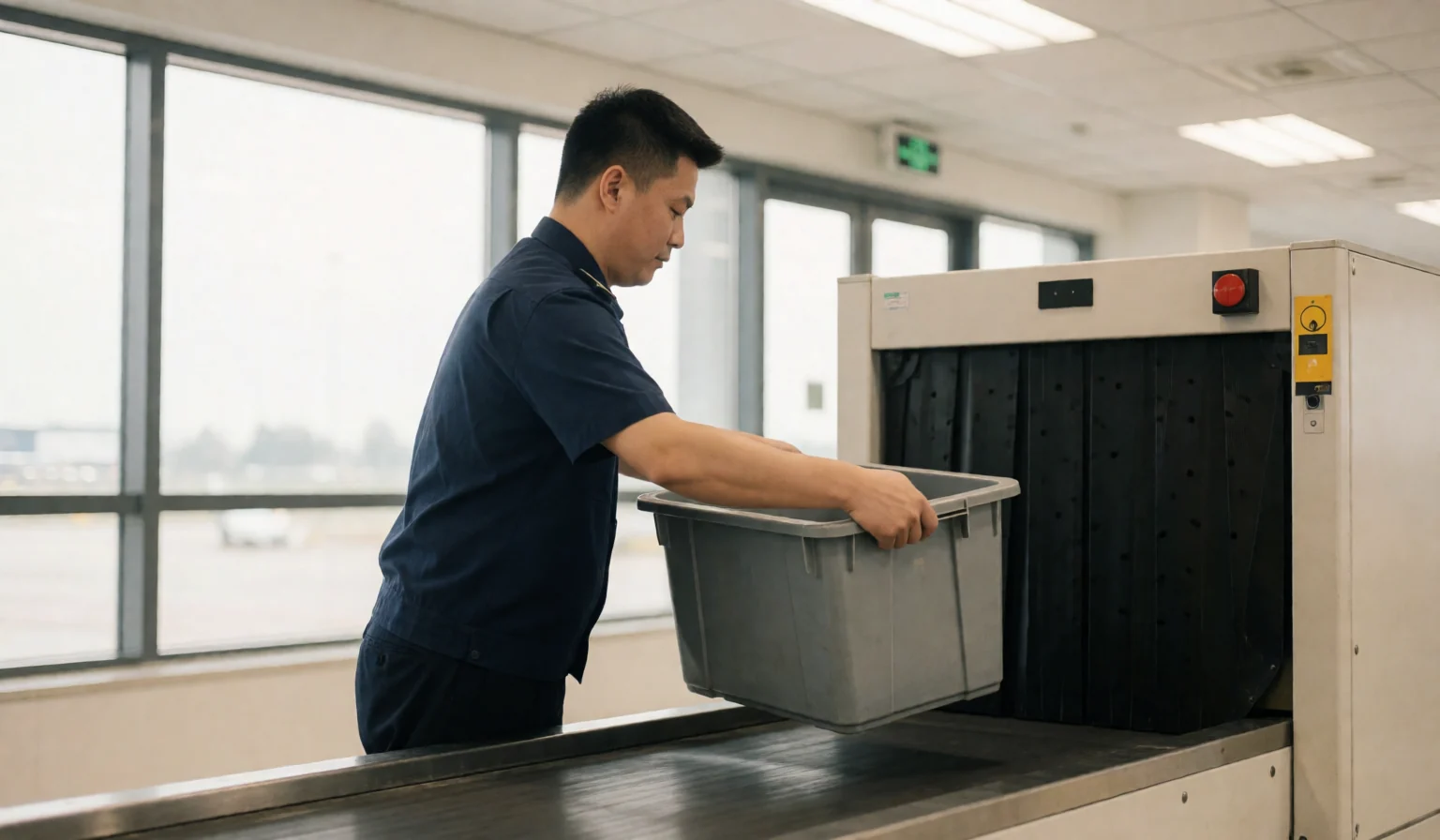 Security screening officer lifting a bin onto the belt at a small regional airport checkpoint