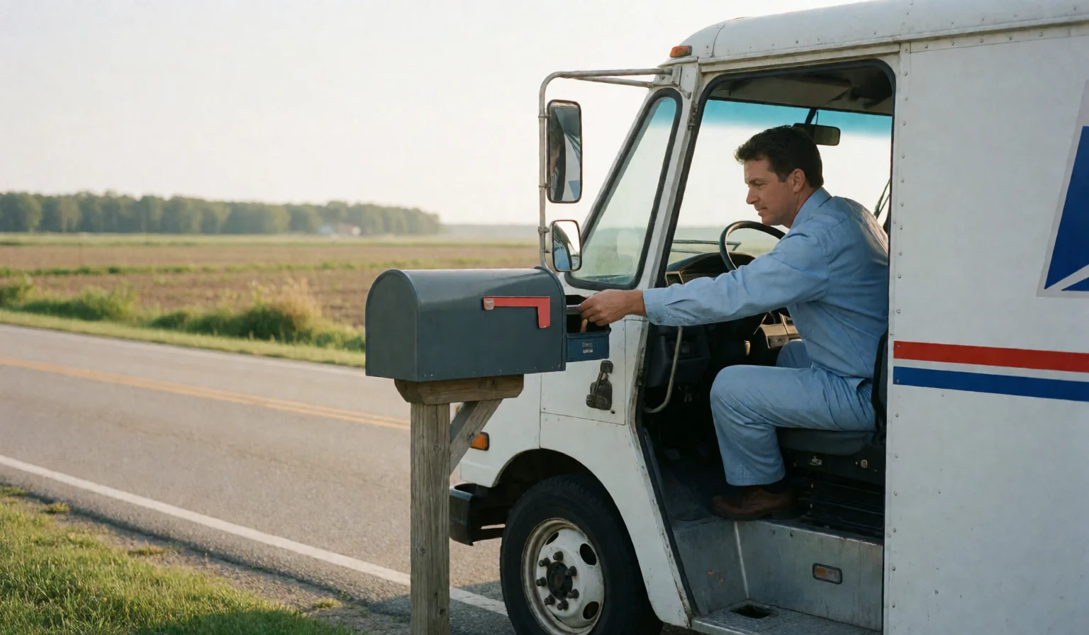 Postal carrier reaching from a delivery vehicle to a roadside mailbox on a flat rural Delaware road